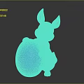 Cute Pink Rabbit Sitting And Holding Big Blue Egg On Gray Background
