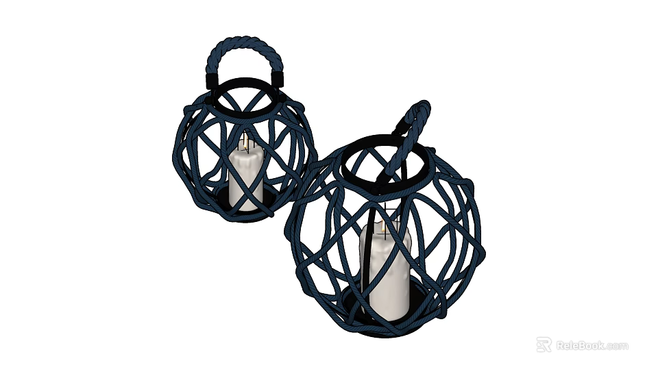 Two Blue Spherical Cage Handle Design Candle Lanterns With White Candle Inside 3d model