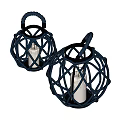 Two Blue Spherical Cage Handle Design Candle Lanterns With White Candle Inside 3d model