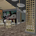 Modern Hotpot Restaurant Interior With Industrial Style Marble Counter Wooden Walls And Display Shelves