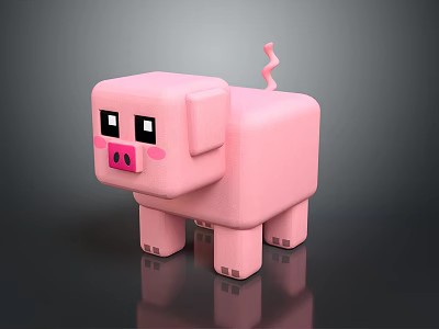 Pink Block Shaped Pig Stuffed Toy with Black Eyes Pink Nose Blush and Curly Tail 3d model