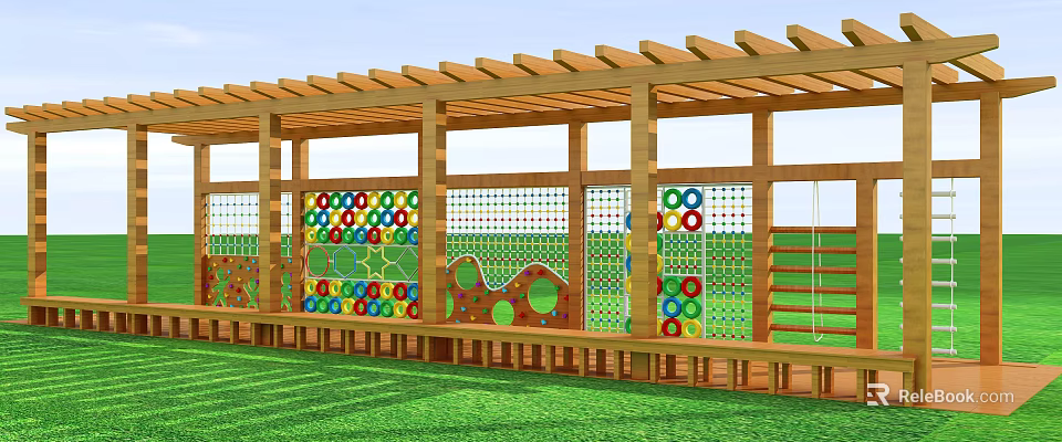 Wooden Pergola With Colorful Climbing Net Rings And Kids Play Equipment On Green Lawn 3d model 