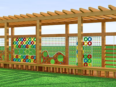 Wooden Pergola With Colorful Climbing Net Rings And Kids Play Equipment On Green Lawn 3d model