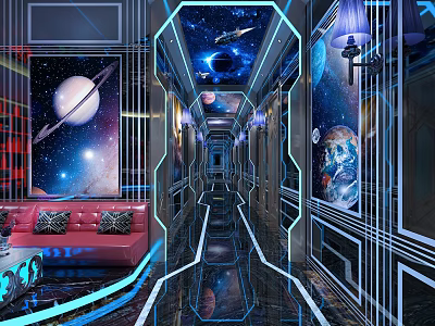 Starry Sky Themed KTV Corridor With Red Sofa Neon Lights And Mirrored Floor 3d model