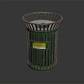 Green Metal Mesh Trash Can With Yellow Label And Open Top Structure