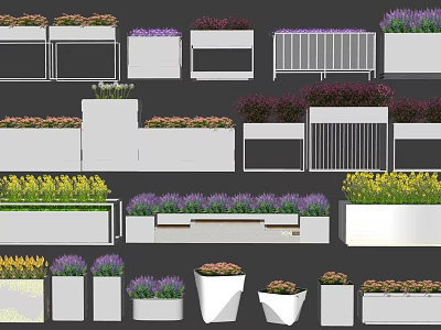 White Flower Planters With Various Designs And Colorful Lavender Green Plants 3d model