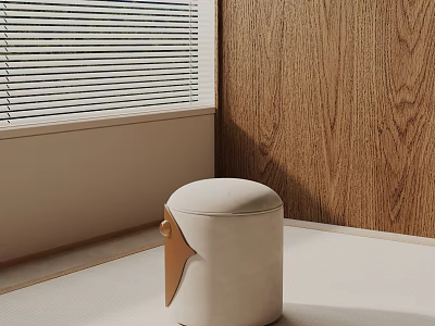 Beige Round Side Table With Leather Detail Against Wooden Wall And Window Blinds 3d model