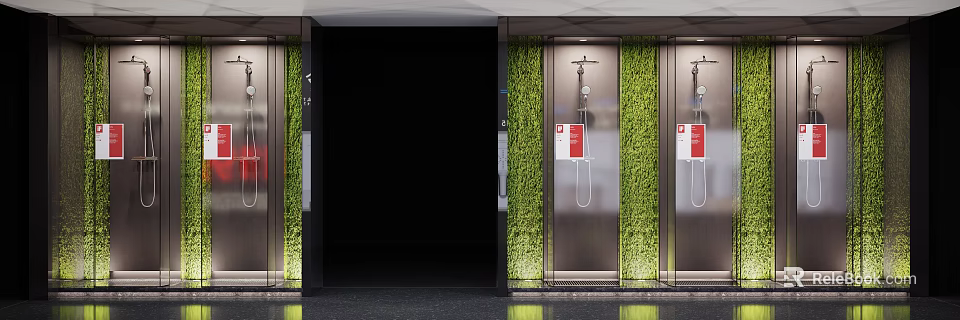 Modern Elevator Hall Interior Featuring Vertical Green Plant Wall Metal Accents Elevator Doors And Signage 3d model 