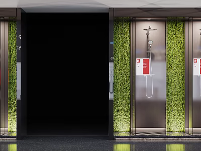 Modern Elevator Hall Interior Featuring Vertical Green Plant Wall Metal Accents Elevator Doors And Signage 3d model