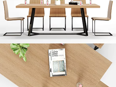 Modern Wooden Conference Table with Black Metal Legs Matching Chairs and Green Plant 3d model