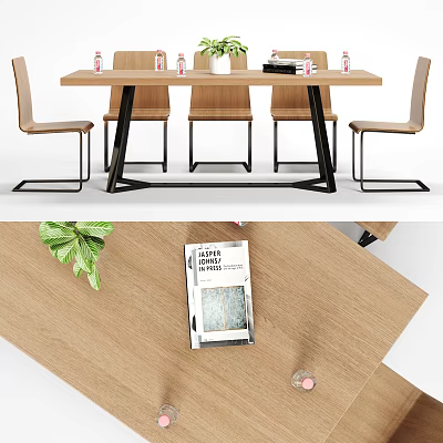 Modern Wooden Conference Table with Black Metal Legs Matching Chairs and Green Plant 3d model
