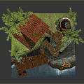 Cartoon Scene With Lighthouse Red Roof Cottage Cliff Trees Pier And Boat On Water