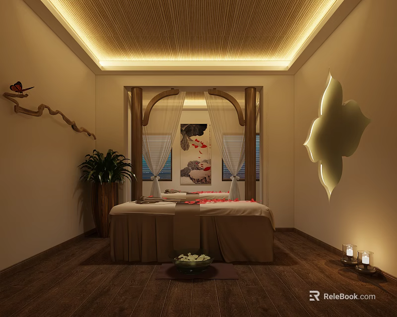 Serene SPA Sauna Space With Massage Bed Aromatherapy Candles Soft Lighting And Wall Art 3d model 