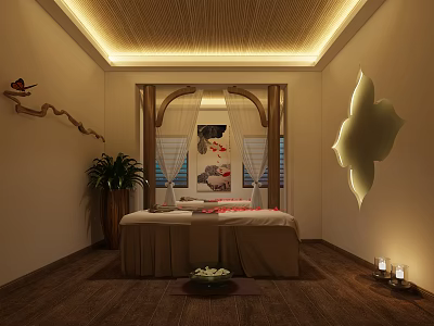 Serene SPA Sauna Space With Massage Bed Aromatherapy Candles Soft Lighting And Wall Art 3d model