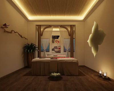 Serene SPA Sauna Space With Massage Bed Aromatherapy Candles Soft Lighting And Wall Art 3d model