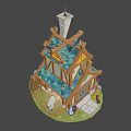 Fairy Tale Style Wooden Cottage With Blue Roof Chimney Sheep And Fence