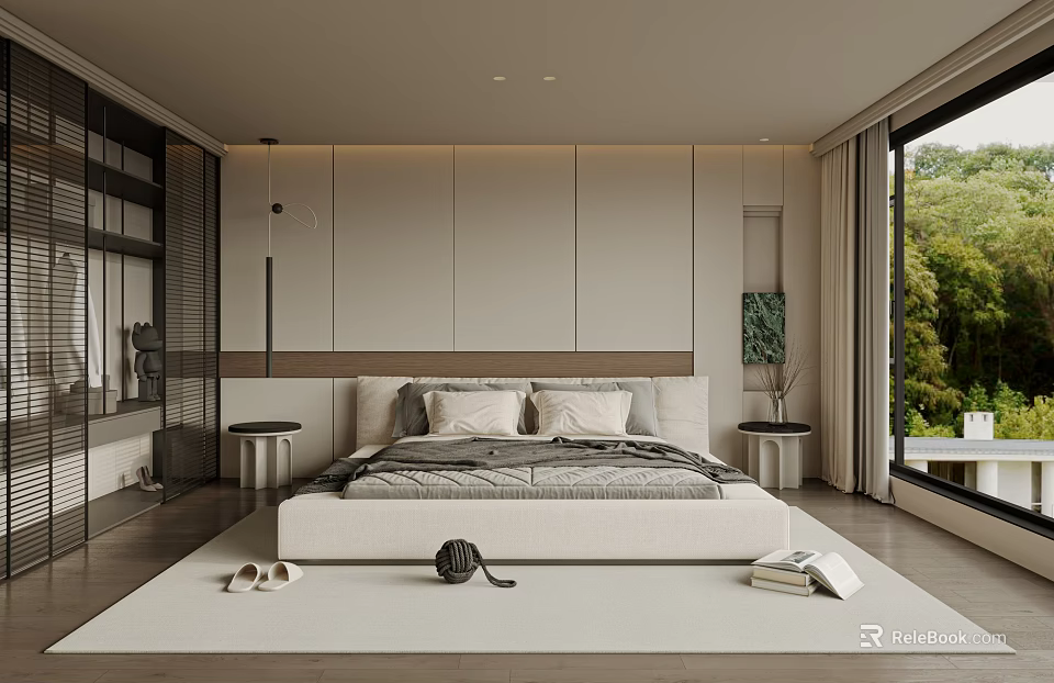 Modern Bedroom Interior Design With Large Bed Minimalist Headboard Wooden Floor Green View Through Window 3d model 