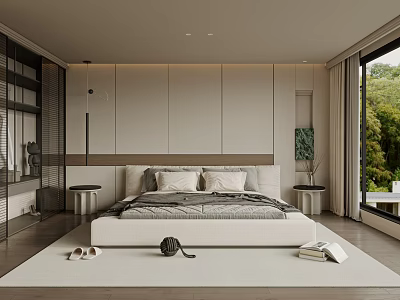 Modern Bedroom Interior Design With Large Bed Minimalist Headboard Wooden Floor Green View Through Window 3d model