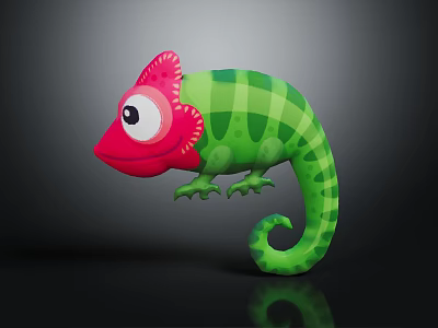 Cute 3D Cartoon Chameleon With Big Eyes Green Checkered Body Red Head And Curled Tail 3d model