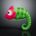 Cute 3D Cartoon Chameleon With Big Eyes Green Checkered Body Red Head And Curled Tail