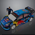Blue Ford Racing Car With Red Bull Logo And Sponsor Stickers Beside Figure