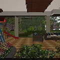 Residential Landscape with Wooden Ceiling Outdoor Sofas Playground Slide and Tulip Flower Bed
