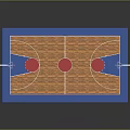 3D Rendered Basketball Court With Wooden Floor Blue Border White Lines Red Circles And Hoops