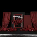 Elegant Red And Black Decorative Scene With Curtains Frame Floral Arrangements And Spheres