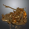 Golden Fantasy Weapons And Decorative Elements With Axe Shield Barrels And Flames