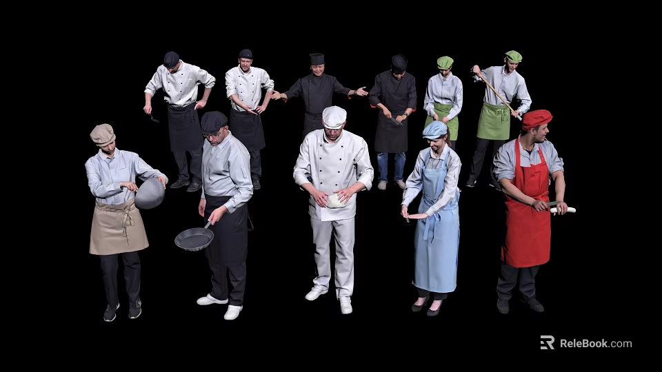 Group of Professional Chefs Preparing Food With Various Kitchen Utensils And Uniforms 3d model 