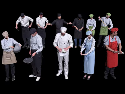 Group of Professional Chefs Preparing Food With Various Kitchen Utensils And Uniforms 3d model