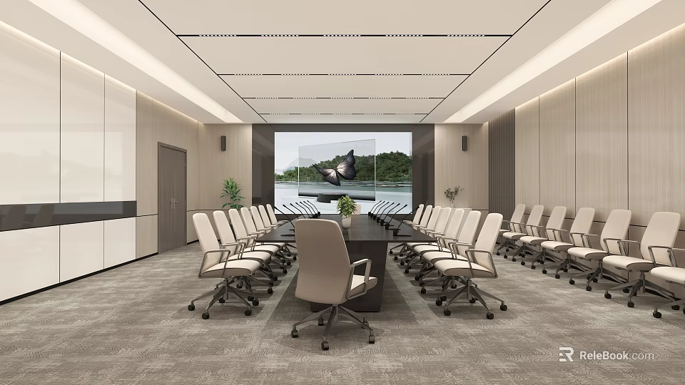 Modern Conference Room Interior With Long Meeting Table Ergonomic Chairs And Projector Screen 3d model 