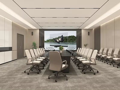 Modern Conference Room Interior With Long Meeting Table Ergonomic Chairs And Projector Screen 3d model