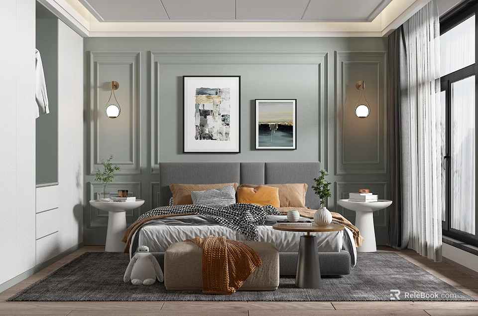 Modern Bedroom With Light Green Paneled Walls Framed Artworks Bedside Lamps And Soft Rug 3d model 