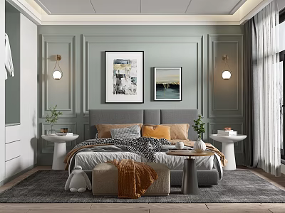 Modern Bedroom With Light Green Paneled Walls Framed Artworks Bedside Lamps And Soft Rug 3d model