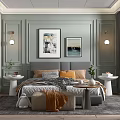 Modern Bedroom With Light Green Paneled Walls Framed Artworks Bedside Lamps And Soft Rug