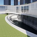 Modern Sales Office Building with Water Reflection Surrounded by High Rise Buildings and Greenery