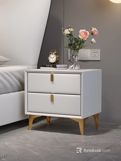 White Nightstand With Drawers Gold Handles And Legs Topped With Alarm Clock Vase And Flowers 3d model 