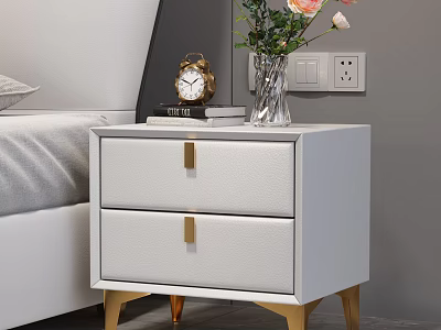 White Nightstand With Drawers Gold Handles And Legs Topped With Alarm Clock Vase And Flowers 3d model