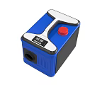 Red Compact Electric Device With Blue Button Digital Display And Circular Hole