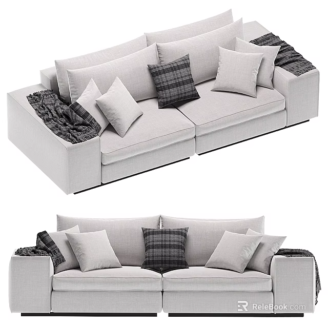 Cozy Light Gray Two Seater Sofa With Multiple Plush Cushions And Checkered Throw 3d model