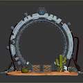 Sci Fi Circular Ring Structure With Platform And Cactus On Sandy Ground