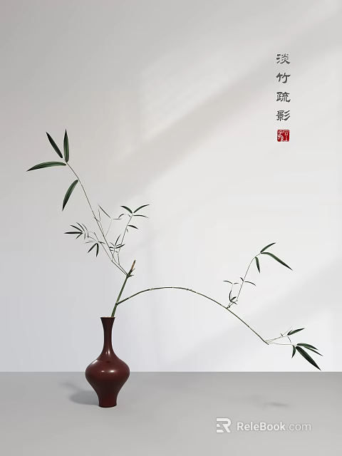 Decorative Red Vase With Bamboo Branches And Shadow On White Wall 3d model