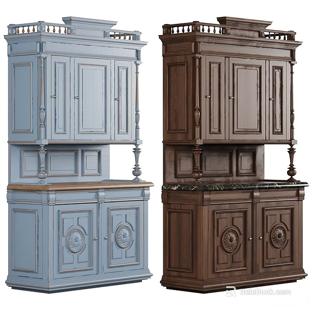 Traditional Light Blue And Dark Brown Sideboard With Carved Details And Marble Top 3d model 