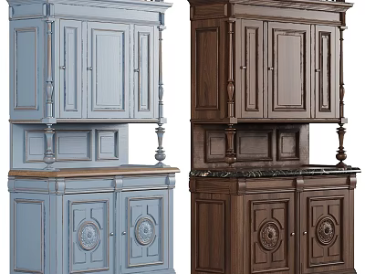 Traditional Light Blue And Dark Brown Sideboard With Carved Details And Marble Top 3d model
