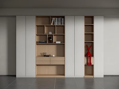 Modern Wooden Bookshelf With White Panels Multiple Shelves Drawers And Red Decorative Figure 3d model