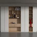 Modern Wooden Bookshelf With White Panels Multiple Shelves Drawers And Red Decorative Figure