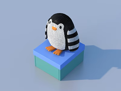 Penguin Doll Mesh Design Black White Body Orange Beak Feet on Blue Green Cube 3d model