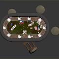Oval Poker Table With Poker Cards Chips And Stools With Cushions