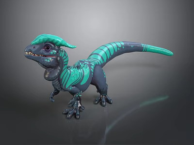 3D Horned Fantasy Creature With Green Blue Stripes And Sharp Teeth 3d model